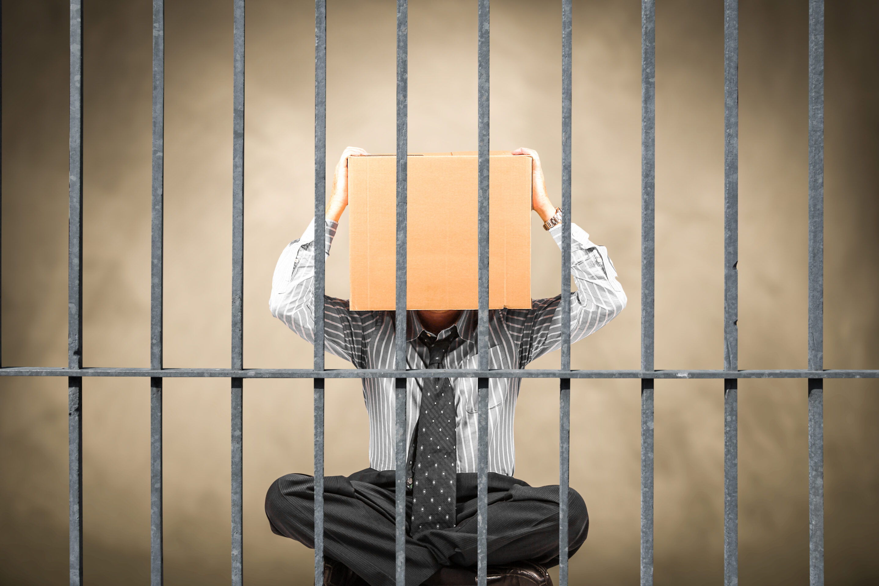 Manager hinter Gitter mit Pappschachtel auf dem Kopf